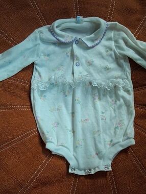 Baby Girls Mint Floral One-Piece Bodysuit with Lace Trim